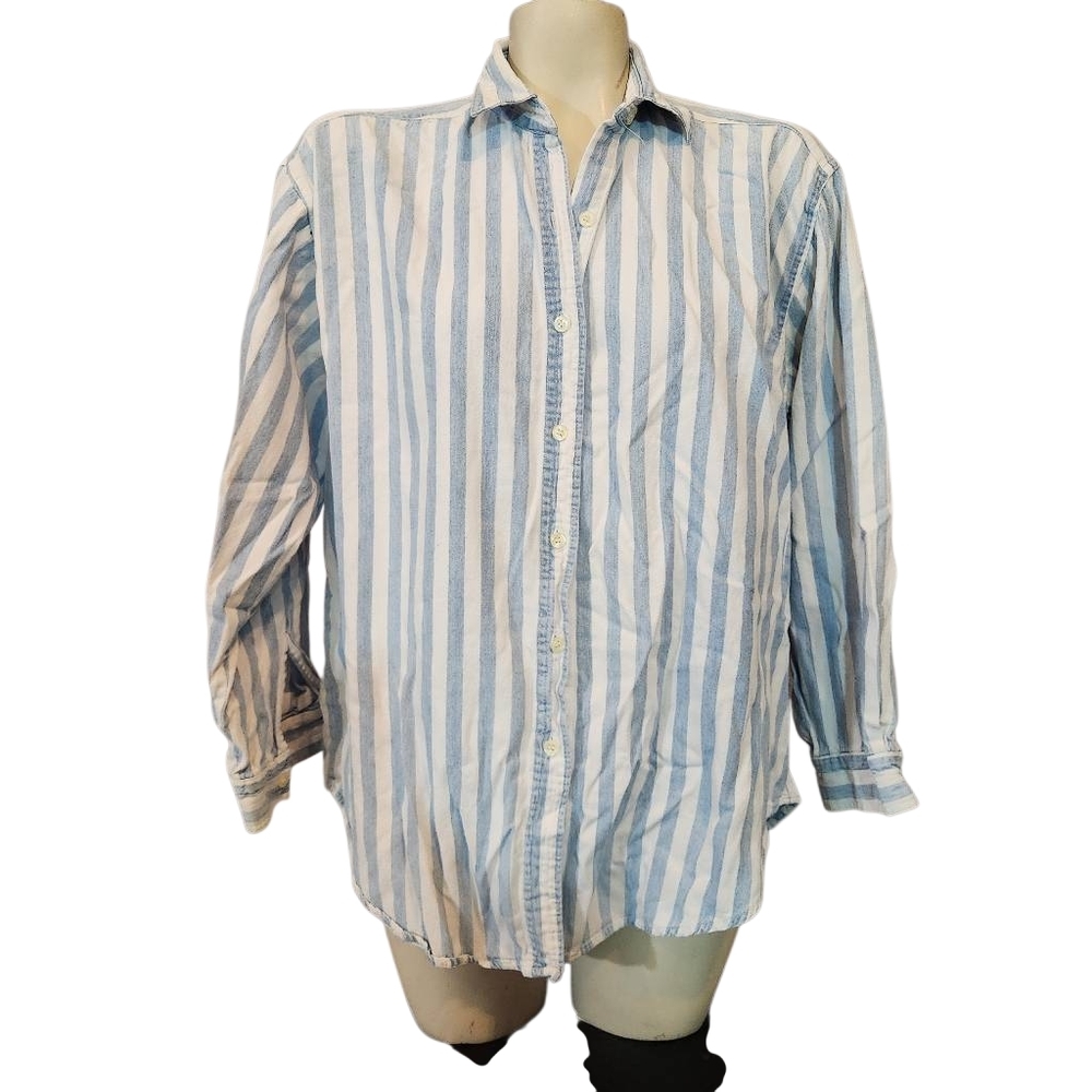Vintage Bonjour Blue and White Striped Button Down‎ Shirt Size Large